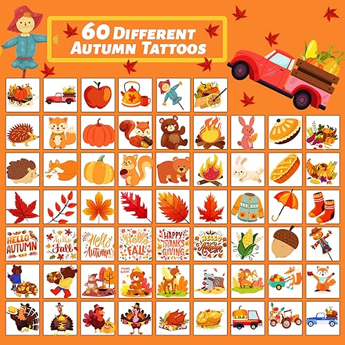240 Pcs Autumn Temporary Tattoos for Kids, Thanksgiving Bulk Waterproof Safety Tattoos Stickers, Best Choice for Fall Goody Bag Stuffers, 60 Different Designs maple leaves pumpkins scarecrows turkeys