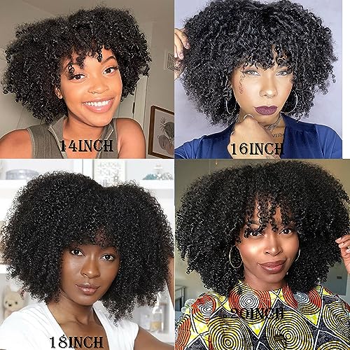 Afro Kinky Curly Wig with bangs Glueless Scalp Top Full Machine Made Human Hair Wigs for Black Women 200Density Kinky Curly Brazilian Human Hair Wig 16inch Natural Color