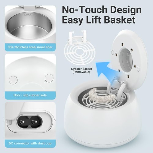 PUPDUMM Ultrasonic Retainer Cleaner Machine, 45kHz & 200ML Dental Cleaning Pod for Dentures, Aligners, Mouth Guards, Braces, Toothbrushes & Jewelry, Ultrasonic Cleaner with Digital Timer