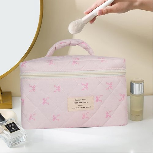AMULOKRU Large Makeup Bag, Cute Cosmetic Bags for Women Girls, Quilted Floral Toiletry Bag, Travel Make Up Organizer Bag