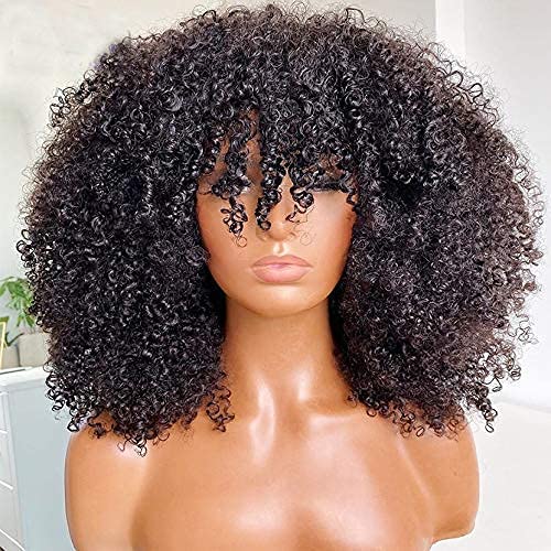 Afro Kinky Curly Wig With Bangs Full Machine Made Scalp Top Wig 200 Density Brazilian Short Curly Human Hair Wigs Natural Color 18 Inch