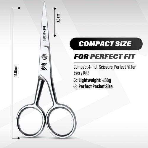 MUSI 4 Inch Eyebrow Scissors - Muti-purpose Small Scissors for Mustache, Beard, Nose Hair, Nail, Ear & Eyelash Trimming - Professional Stainless Steel Mini Grooming Scissors for Men Women with Comb