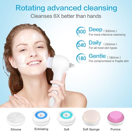 UMICKOO Face Scrubber Exfoliator,Facial Cleansing Brush Waterproof with LCD Screen,Blackhead Remover Vacuum with 5 Brush Heads,Face Spin Brush for Exfoliating (White-Blue)