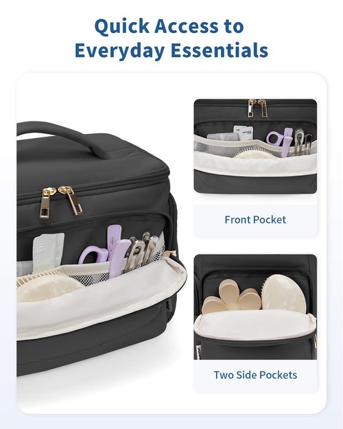 WANDF Travel Toiletry Bag for Women, Wide-open Large Makeup Bag with Handle, Puffy Makeup Organizer for Toiletries, Cosmetics, Accessories, Essentials (Black)