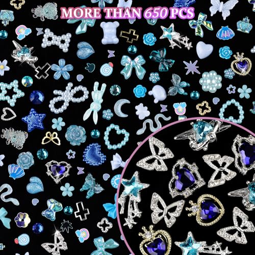 650pcs Mixed 3D Nail Charms Kit, 12pcs Luxury Metal Nail Rhinestones and 250pcs Resin Butterfly Flower Star Heart Bow Charms with 400pcs Flatback Pearls Rhinestone Metal Gems Charm (Blue)