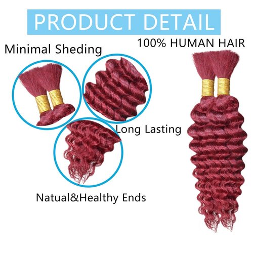 Burgundy Human Braiding Hair 18 Inch 100 g 2 Bundle Deep Water Wave Bulk Human Hair for Braiding Curly Human Hair for Boho Braids Wet and Wavy Human Hair Extensions No Weft Micro Braiding Hair