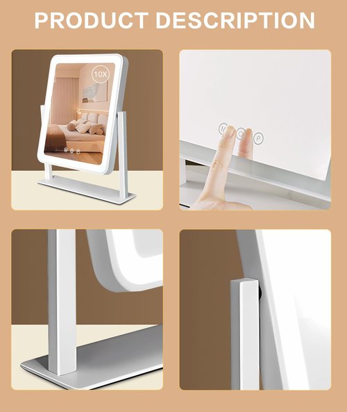 Irosiy Lighted Makeup Mirror, Hollywood Vanity Mirror, 3 Color Lighting Modes, 360° Rotation, HD Glass Mirror, and 10X Magnification Mirror Smart Touch Control for Home & Travel (White)