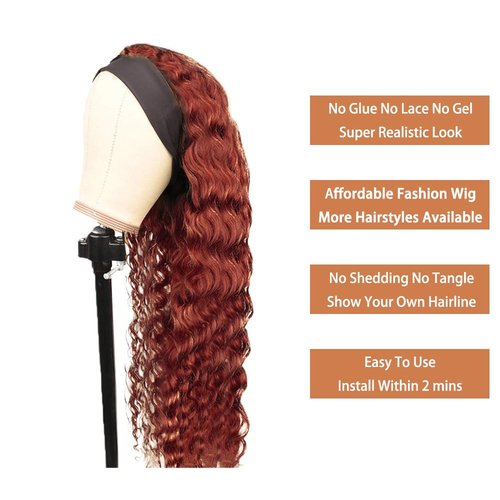 YiweYowe 32 Inch #33 Reddish Brown Headband Wig Human Hair 150% Density Grade 8A Unprocessed Brazilian Virgin Hairs Machine Made Auburn Brown Water Wave Headband Wig Human Hair None Lace Front Wig