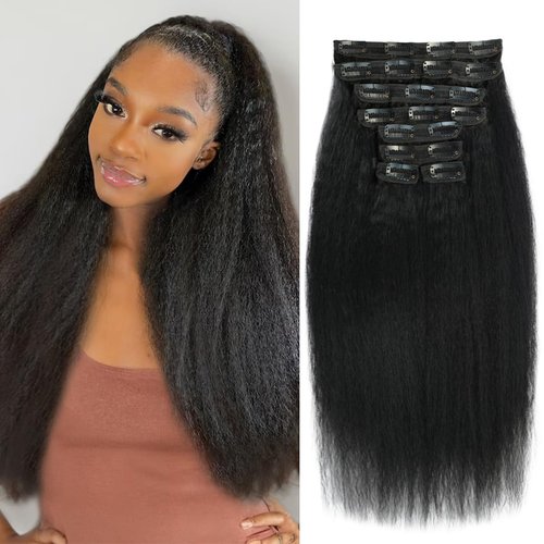 Kinky Straight Clip ins 8Pcs 110g 18 Inch Clip in Hair Extensions Real Human Hair Yaki Straight Clipins for Black Women Full Head Brazilian Remy Hair Extensions Double Weft 20 Clips