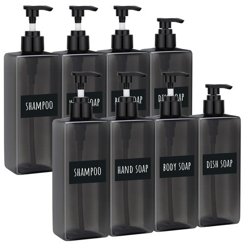 Segbeauty 16.9oz Refillable Bottles, 8pcs 500ml Shampoo and Conditioner Set with Labels, Gray Empty Shampoo Body Soap Conditioner Pump Bottle Dispenser Plastic Bathroom Press Lotion Dispenser