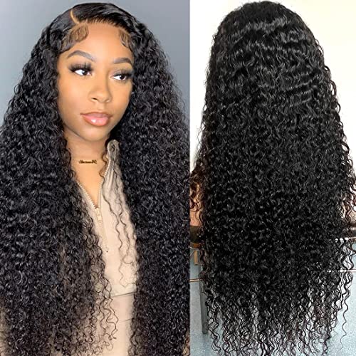 Deep Wave Lace Front Wigs Human Hair 13x4 HD Transparent Lace Frontal Curly Wigs for Women Human Hair 180% Density Glueless Wigs Human Hair Pre Plucked with Baby Hair Natural Color (30 Inch)