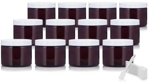 (12 pack) 6 oz Amber PET Plastic Low Profile Refillable Jar with White Lid