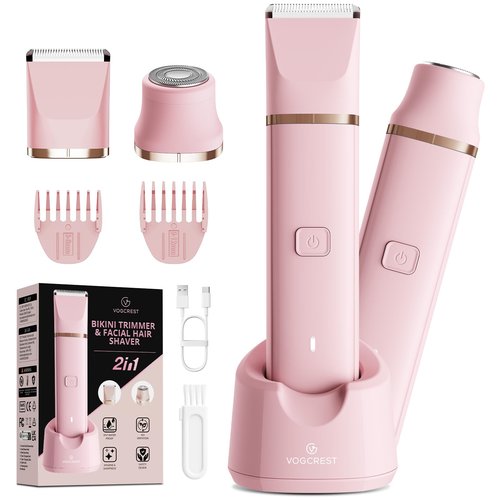 VG VOGCREST Bikini Trimmer for Women: 2-in-1 Painless Body Shaver for Underarm Leg Arm with Length Combs - Portable Travel Friendly Pubic Grooming Kit - Rechargeable Electric Razor with Charging Dock