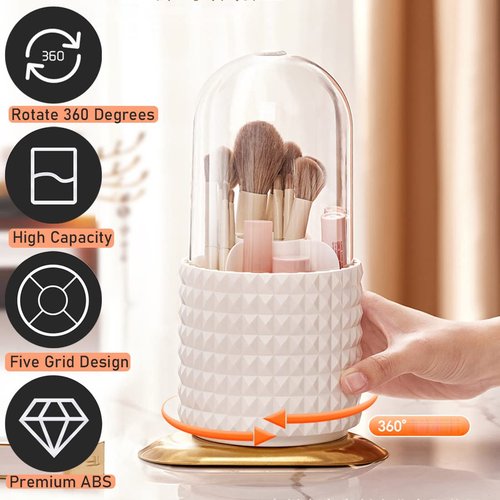 Makeup Brush Holder Organizer with Lid,360° Rotating Dustproof Make Up Brushes Container with Clear Acrylic Cover, Spinning Cosmetics Holders Storage Cup with 5 Compartment for Vanity and Bathroom