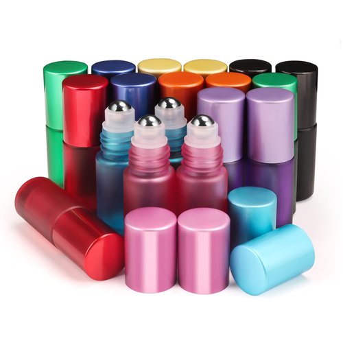 BOSMIOW 18 Pack Set Colorful Frosted Glass Rollerball Bottles 5ml(1/6oz) Essential Oil Roll On Bottles with Stainless Steel Roller Balls Deodorant Containers Perfume Sample Vials