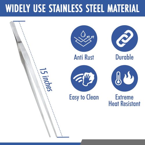 Comfecto 15 Inch Extra Long Tweezers Stainless Steel Straight Serrated Tip, Non Slip Reptile Feeding Tweezer Tongs Tool for Aquarium Aquascaping Cooking