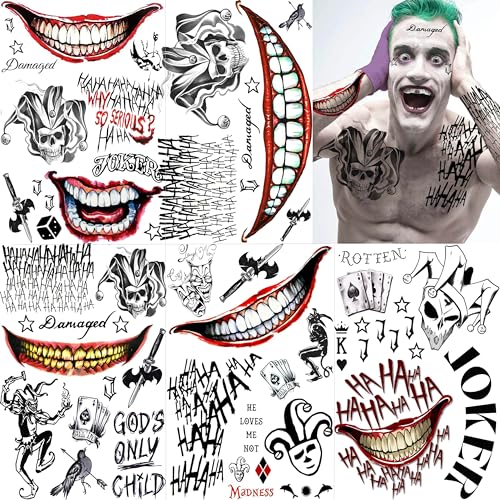 5 Sheets 3D Joker Temporary Tattoos For Men Women Adults Halloween Makeup Kit, Ghost Clown Scary Smile Face Damaged Joker Tattoos, Prisoner Halloween Cosplay Prank Costume Rave Accessories
