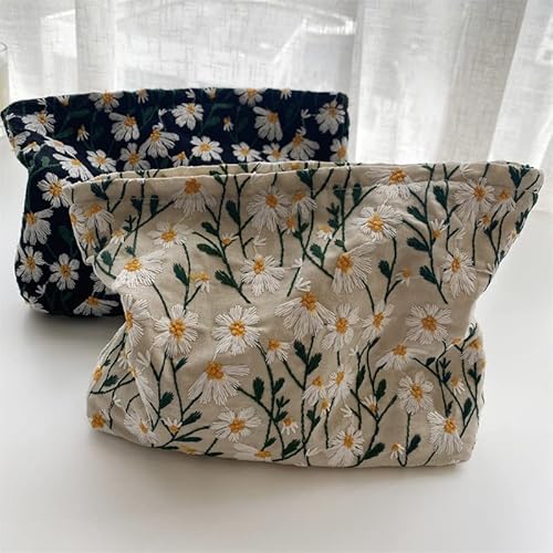Makeup Bags for Purse Zipper Cosmetic Pouch Large Travel Canvas Make Up Organizer Tool Pouch for Women and Girls,Daisy White