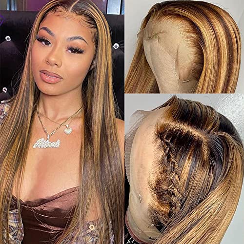 Highlight Lace Front Brazilian Virgin Human Hair Wigs 4/27 Ombre Colored Pre Plucked Straight 13x4 Lace Frontal Wig with Baby Hair 150% Density Bleached Knots for Black Women (18 Inch, 4/27 Straight)