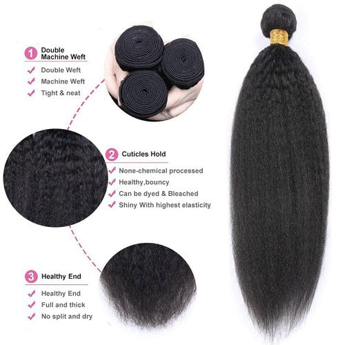 OLFORY Hair Bundles 12A Yaki Kinky Straight Human Hair 3 Bundles 100% Unprocessed Mongolian Virgin Human Hair Kinky Straight Bundles Yaki Hair Natural Color (12 14 16)