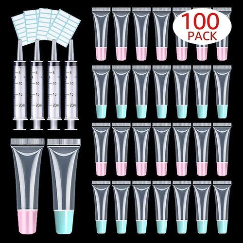 100 PACK 10ml Lip Gloss Tubes with 50 x Pink Caps + 50 x Blue Caps