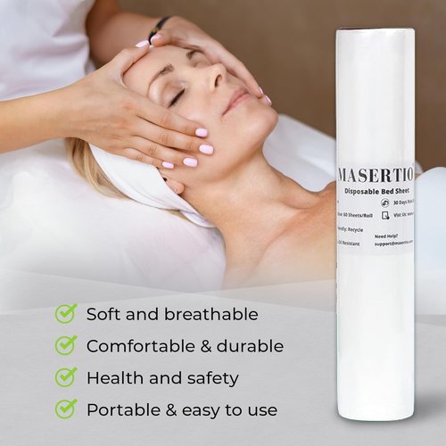 MASERTIO Disposable Massage Bed Cover - Non-woven Disposable Material - Ideal for Spa, Massage Table, Tattoo, Waxing Table - No Crinkle Table Sheets - 31.5 x 71 Inches (30 Sheets Per Roll)