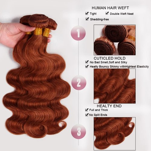 #33 Copper Red Bundles Human Hair Body Wave 3 Bundles 16 18 20 Inch Unprocessed Brazilian Virgin Remy Reddish Brown Body Wave Bundle Human Hair Extensions