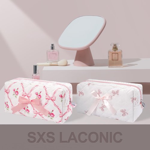 SXS LACONIC Quilted Makeup Bag,Travel Coquette Cosmetic Brush Pouch,Cute Bow Floral Make up Organizer Handbag,Large Capacity Toiletry Bag