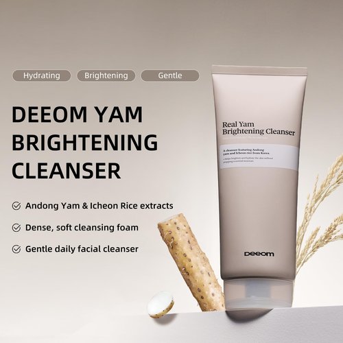 DEEOM Real Yam Brightening Cleanser, Gentle Foaming Face Wash for Sensitive Skin with Rice Water, Hydrating & Deep Pore Cleansing, Korean Skincare, 6.76 oz