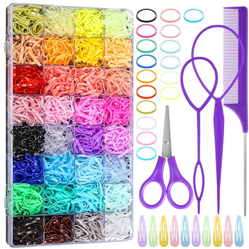 32 Colored Elastic Ties, 1700 Pieces Rubber Bands With 14 Styling Tools, Hair Tie Cutter and Accessories for Girls, Baby, Toddler, Kids