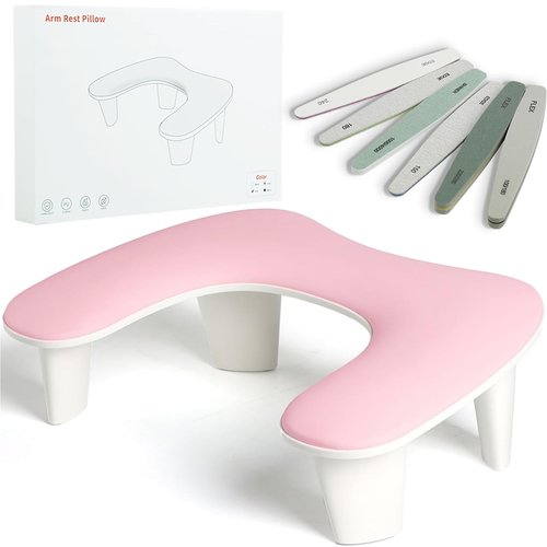 Ruetail Two Hands Arm Rest for Nails Tech U-Shape Nail Hand Pillow with 6Pcs Nail Files Professional Portable Nail Stand Hand Rest Leather Manicure Rest Stand Salon Manicurist Essentials (Pink)