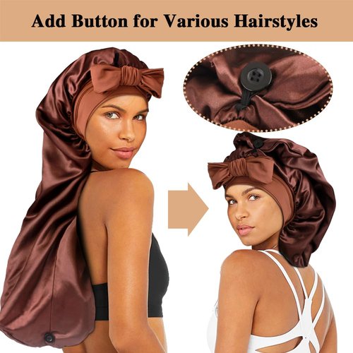 1+3 Long Satin Bonnets with Scrunchies for Women Sleeping, Double Layer Large Braid Bonnet with Tie Band, E