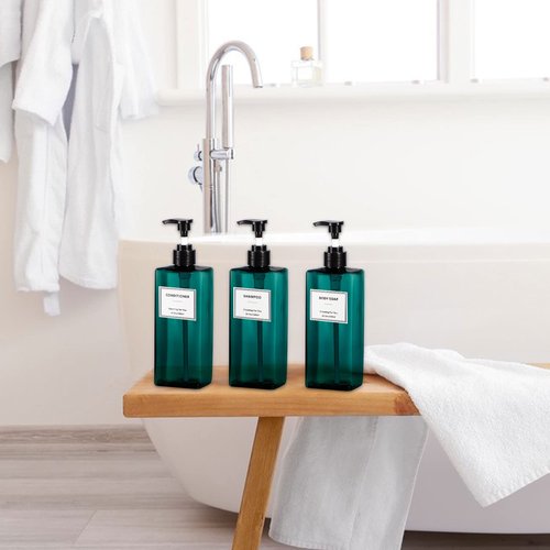 Plastic Shampoo and Conditioner Dispenser, Yeeco Refillable Pump Bottles Blue Shampoo Dispenser 16.9oz/500ml Shampoo Bottles with Pump 3 Packs for Bathroom, Kitchen, Hotel - Lake Blue