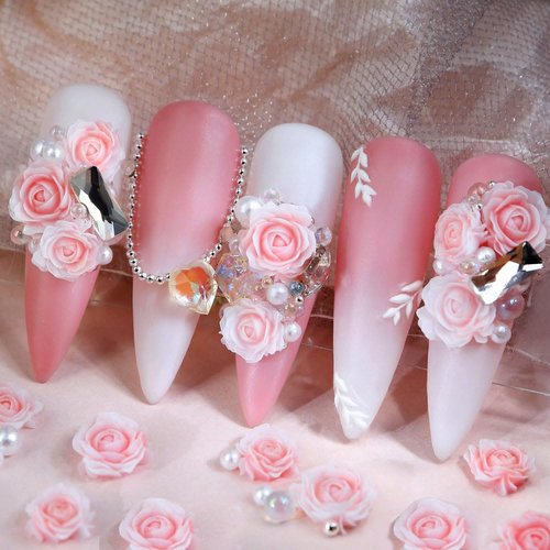 3D Pink Rose Flower Nail Charms Flower Nail Art Charms Nail Pearls Flower Charms for Nails Design Nail Flowers Rose Nail Charm Floral Nail Jewels for Nail Art Rhinestones for Nails Charms Nail Decor