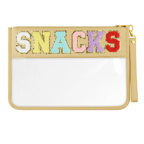 Morcheiong Chenille Letter Bag Cute Clear Zipper Stuff Pouch Portable Multi-purpose PVC and Nylon Makeup Bag with Handle for Travel School Gym Beach（Beige Snacks）