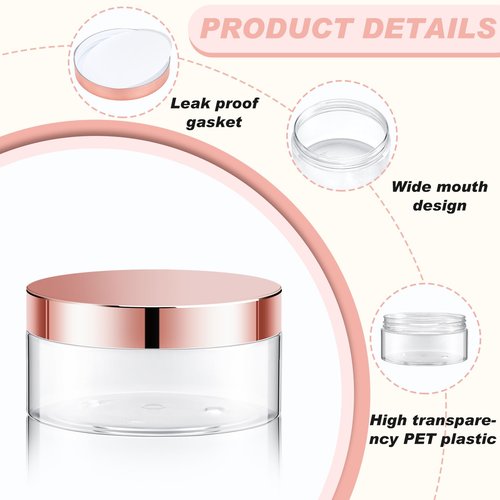Dandat 24 Pcs 4 oz Plastic Jar Container with Lid and Label Refillable Empty Round Clear with Rose Gold PET Cosmetic Sample Containers for Lotion, Cream, Ointments, Body Butter, Makeup, Travel Storage