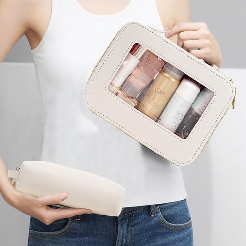 FFpaw Small Clear Makeup Bag with Makeup Brush Bag, Mini Makeup Pouch Car Organizer Bag Travel Toiletry Pouch Slim Makeup Brush Holder Makeup Bags Small with Zipper Purse Essential for Car