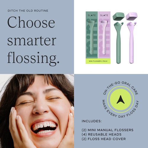 Slate Mini Flosser - Reusable Floss Pick with Gum Brush & Tongue Scraper, Dentist-Invented, PFAS/PTFE-Free, Travel-Ready 2-Pack - Lilac/Mint