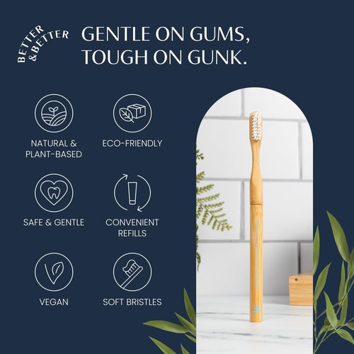 Better & Better Natural Bamboo Toothbrush | Soft Bristles | 100% Plant-Based | Reusable Handle and Replaceable Brush Head | Eco-Friendly, Zero Plastic | Adult Size (Toothbrush, Blue, White & Orange)