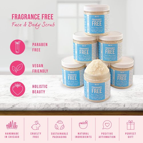 Mojo Spa Fragrance Free Face and Body Scrub | No Scent, Vegan Friendly | Moisturizing Sugar Based Exfoliator for Sensitive Skin | 10 oz