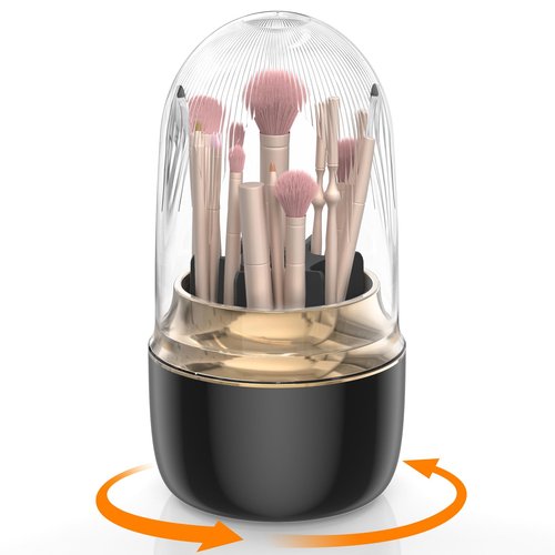Anylady Makeup Brush Holder 360 Rotating, [Upgrade & with Cover] Makeup Brush Organizer for Vanity Countertop Bathroom (Black)