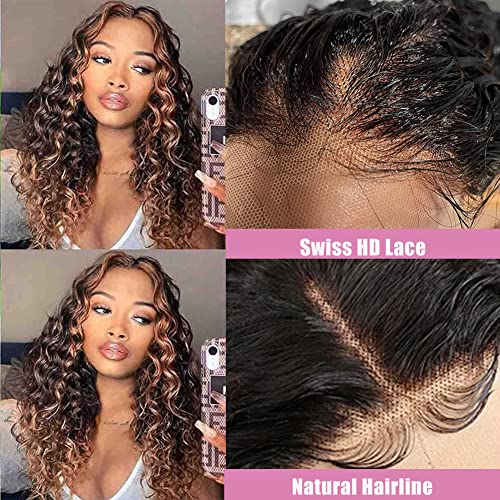 28 Inch Highlight Ombre Lace Front Wig Human Hair Highlight 1B/30 Black Brown 13x4 HD Lace Frontal Wigs Pre Plucked With Baby Hair Deep Wave Honey Blonde Human Hair Wigs for Black Women 180% Density