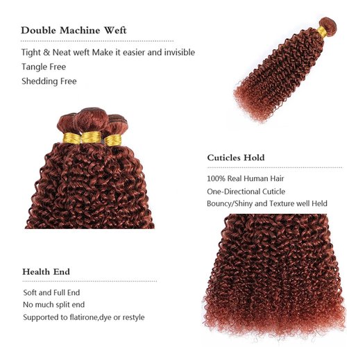 QEUOPE Auburn Kinkycurly Bundles Human Hair Color 33 Reddish Brown Deep Curly Wet and Wavy Bundles Double Weft Brazilian Hair Extensions Silky and Soft for Women (8 10 12 inch 3 Bundles)