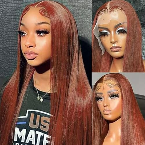 Reddish Brown Lace Front Wig - Human Hair with Baby Hair, Cooper Red, Glueless, Straight, Transparent Lace Front, 28inch (13x4)