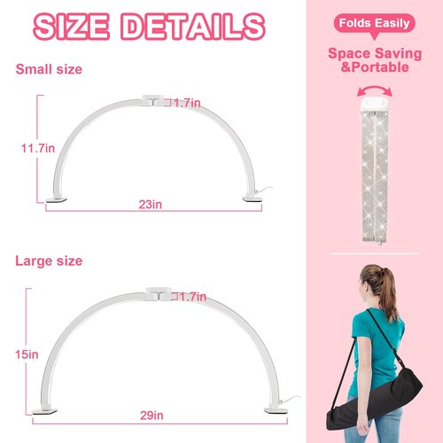 JIUYONG Upgraded Half Moon Light with Phone Holder, 29in Foldable Half Moon Light for Nail Desk, Nail Table Lamp with Stepless Dimming & Color Temperature (Large-29In)