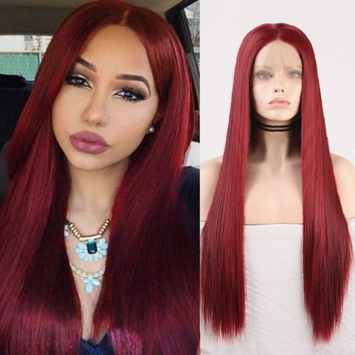 RDY Wine Red Wig Long Silky Straight Burgundy Synthetic Lace Front Wig for Women Cosplay Wig with Pastel Heat Friendly Fiber Glueless Wig Half Hand Tied Frontal Lace Wigs with Natural Hairline 20 Inch