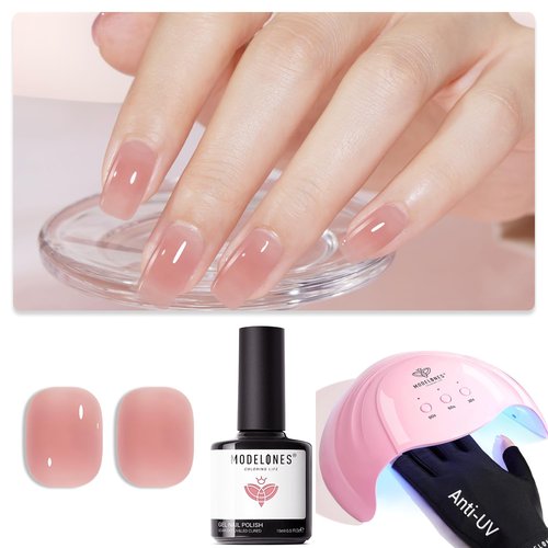 Modelones 15ML Sheer Pink Gel Nail Polish and 48W Gel Nail Lamp with UV Gloves