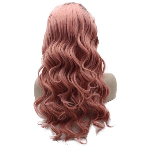 MX angel Long Wavy Half Hand Tied Synthetic Lace Front Dark Root Pink Wig