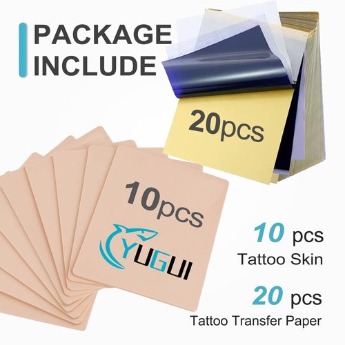 Yugui 30Pcs Tattoo Practice Skin Kit 3MM - 10Pcs Double Sided Reusable Fake Skin & 20Pcs Transfer Stencil Paper for Beginners to Professional Artists Thick Practice Supplies with Tracing Paper