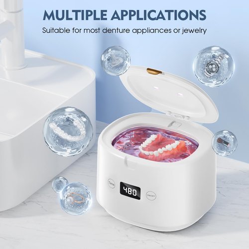 BRNMLD Ultrasonic Retainer Cleaner, 45kHz Sonic Retainer Cleaner Machine Dental Cleaning Pod for Dentures, Mouth Guards, Braces, Toothbrush Heads, Jewelry, 5 Modes for All Dental Appliances (White)